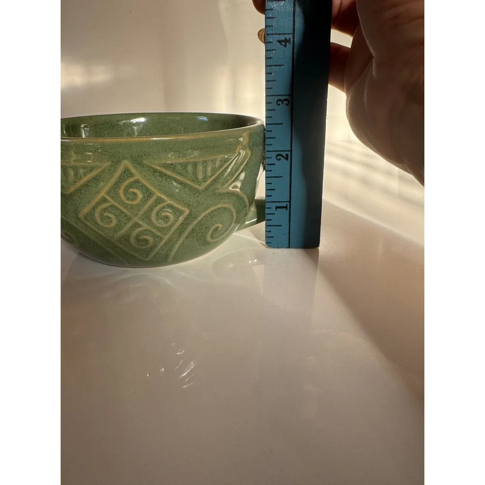 Pier 1 Green Stoneware Soup Mug Geometric Debossed Texture Oversized Cup 5 inch